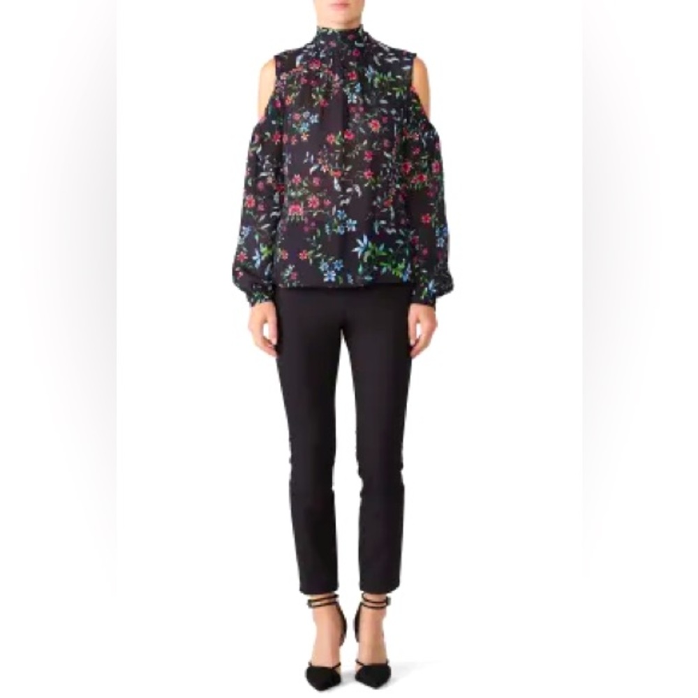 MILLY Dana Silk Blouse Top Cold Shoulder High Neck Black Red Green Blue Floral 0